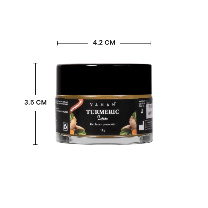 Jar of Vanan Turmeric Lotion with dimensions on a white background