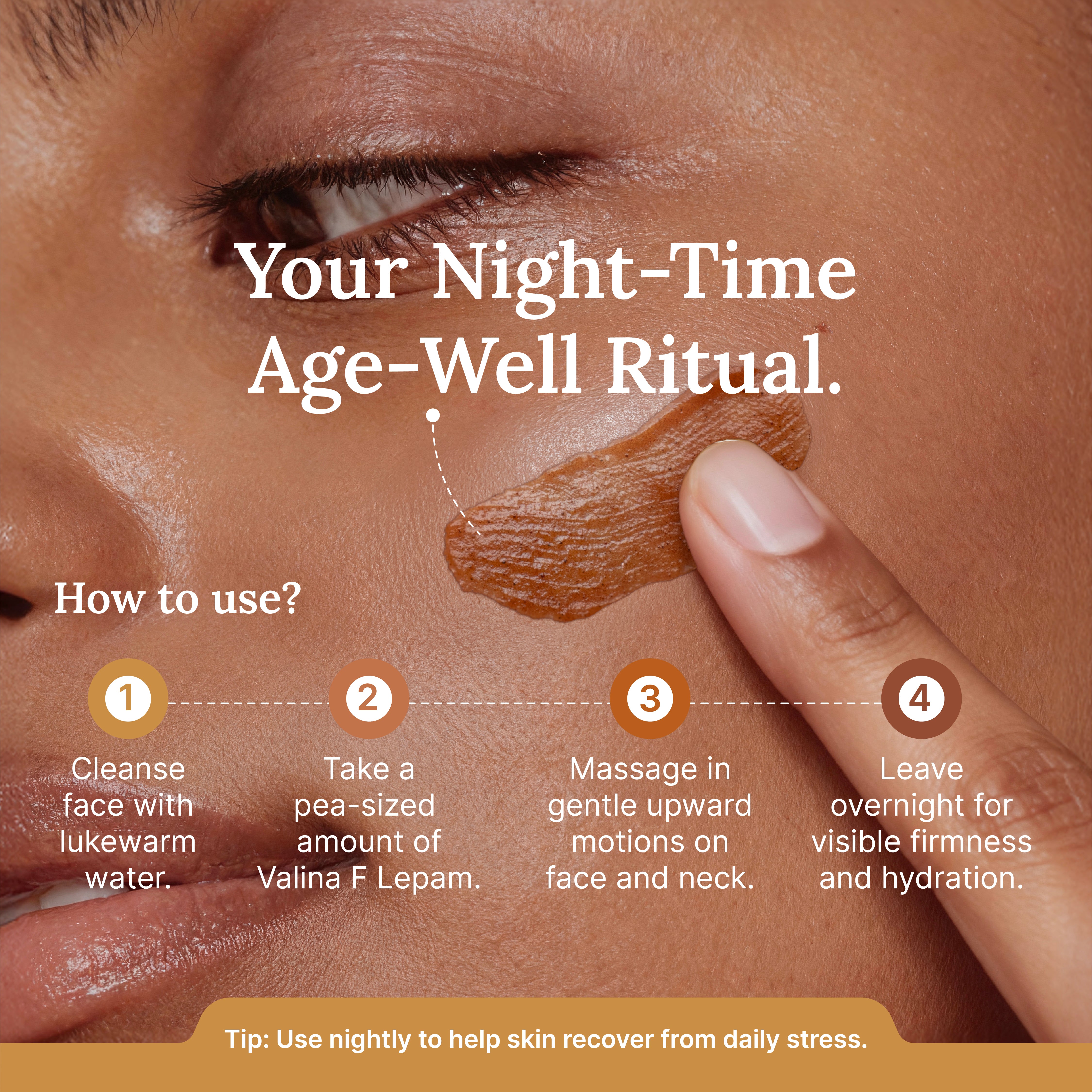 Cosmetic product application guide on a person's face with text detailing a night-time skincare routine.