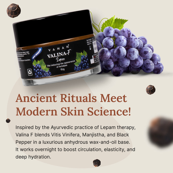 Jar of Valina F lip balm with grapes and text about ancient rituals and modern skin science.