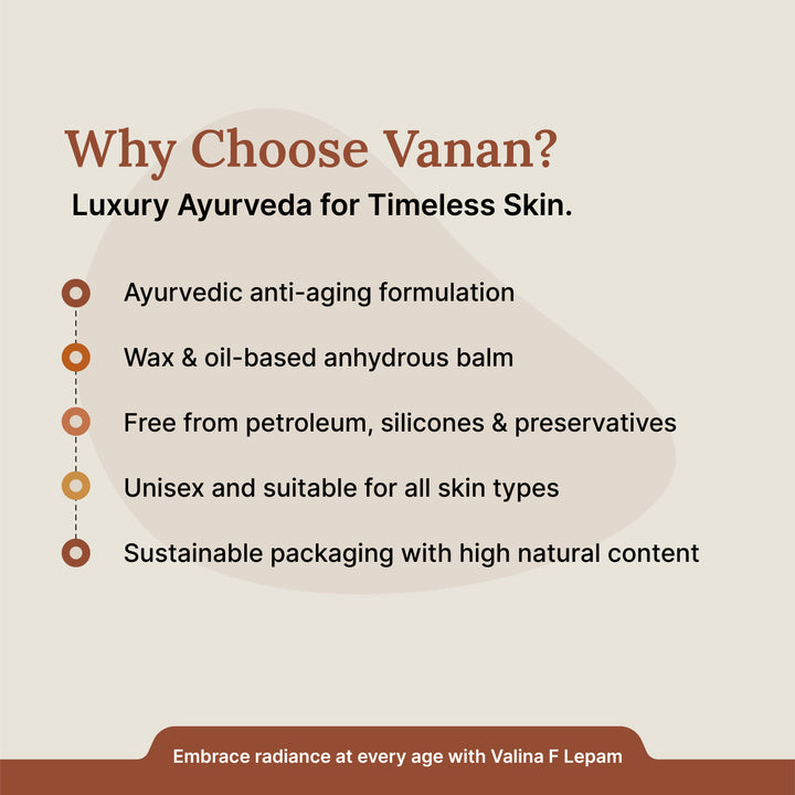 Promotional text about Vanan Ayurveda for timeless skin on a beige background