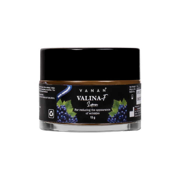 Jar of Vanan Valina-F cream with black lid on a white background