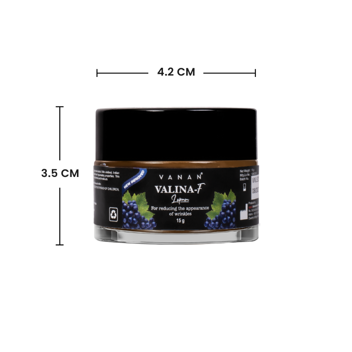Jar of Vanan Valina-F Leprosy Cream with dimensions on a white background