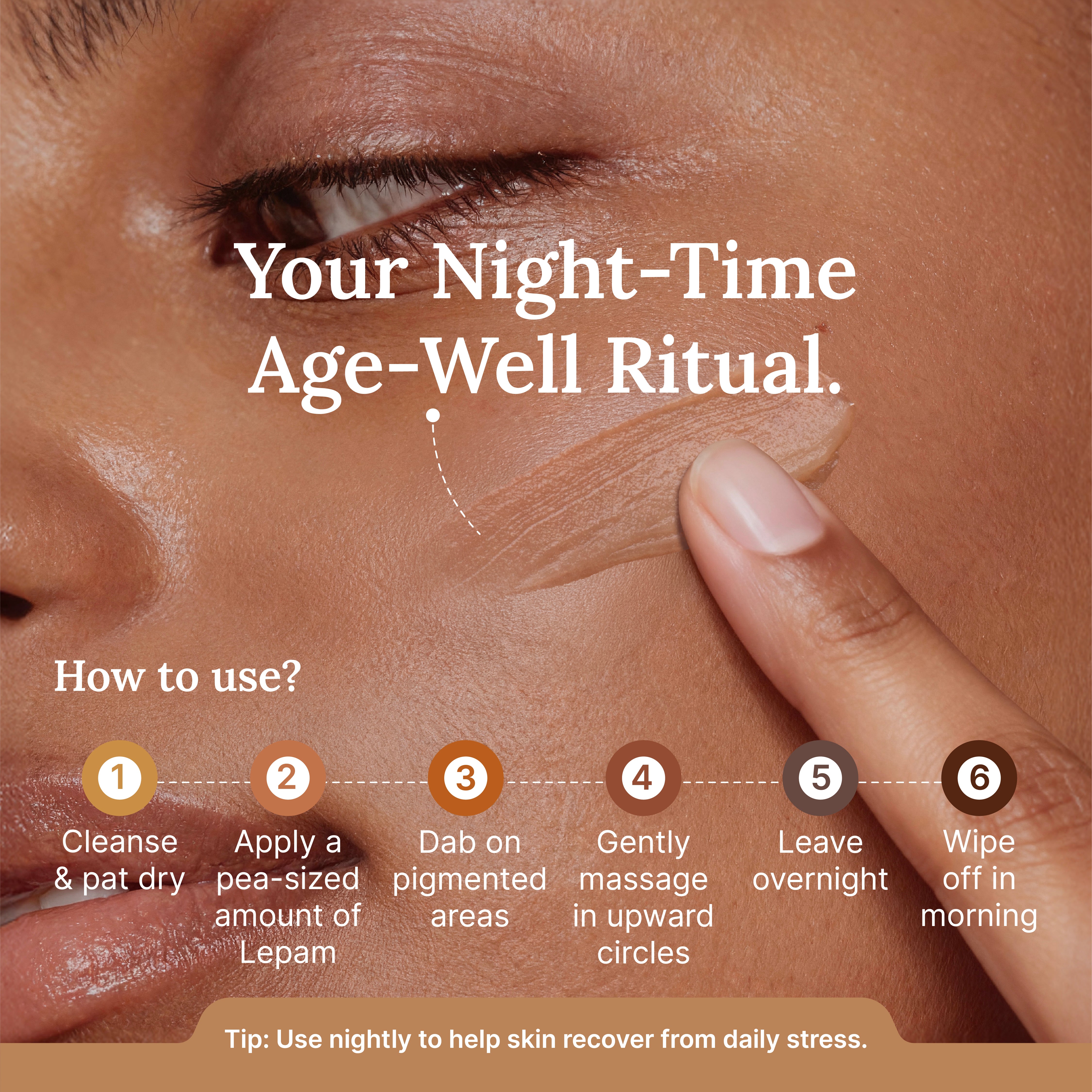 Cosmetic product application guide on skin with text and step-by-step instructions.