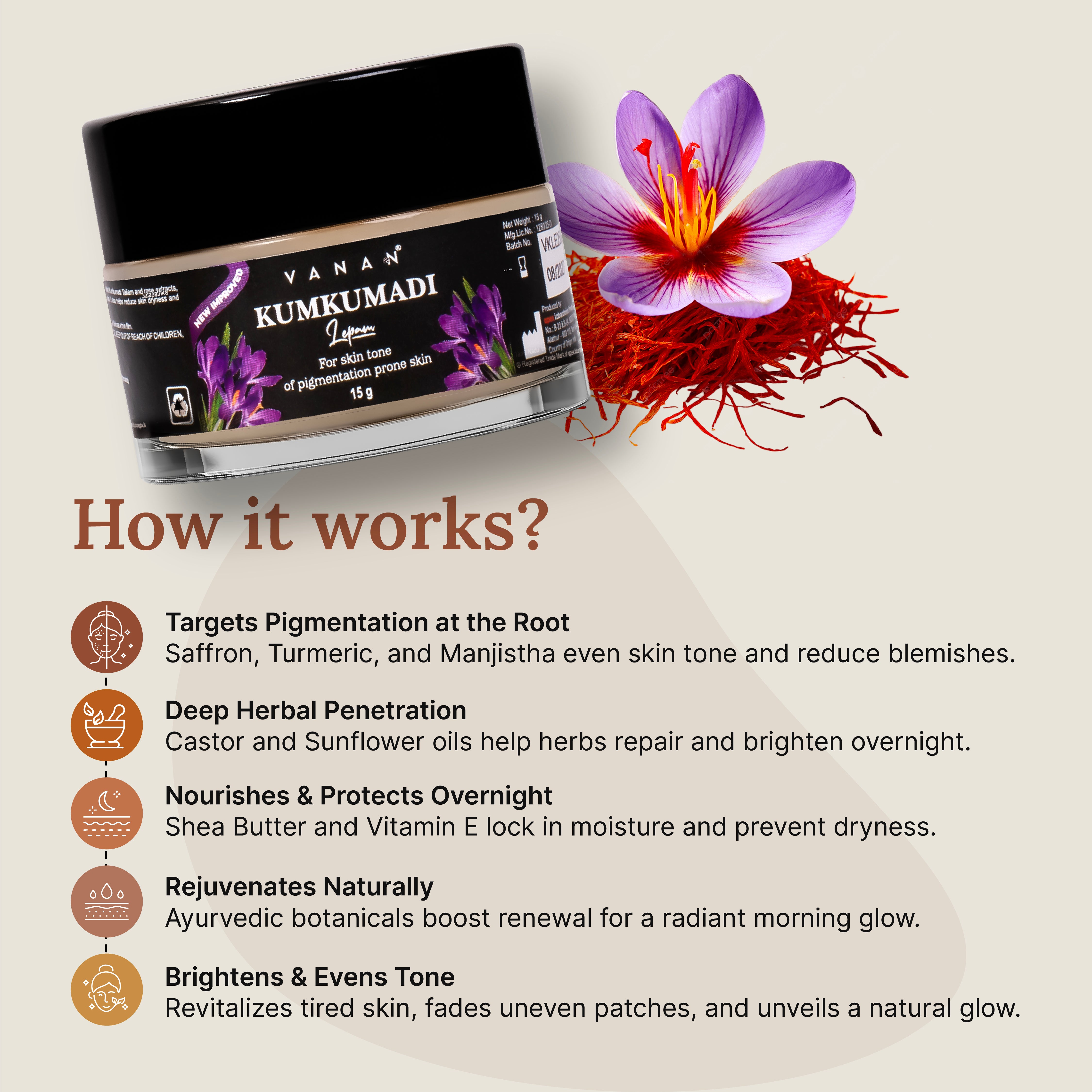 Vanam Kumkumadi Lotion jar with saffron and flower on a light background