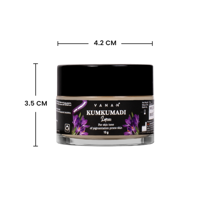 Vaman Kumkumadi jar with dimensions on a white background