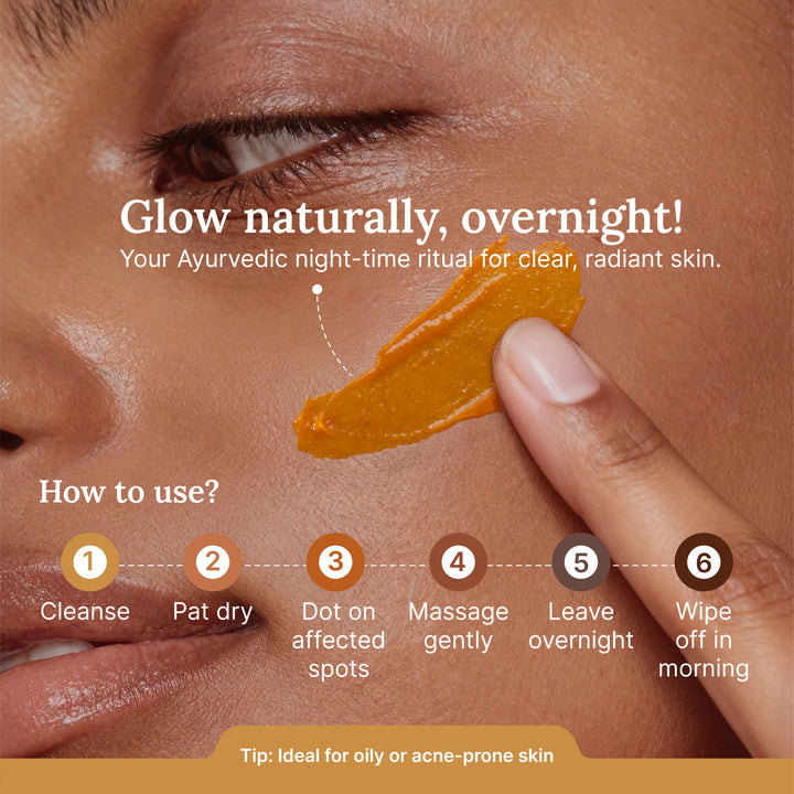 Cosmetic product application on skin with step-by-step guide and text about Ayurvedic night-time ritual.
