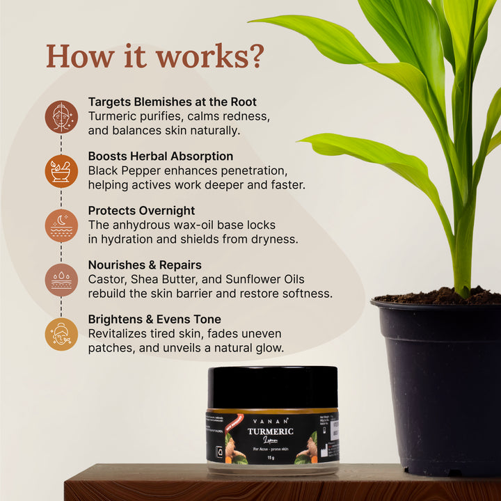 Cosmetic jar with a plant on a wooden surface, featuring text on how the product works.