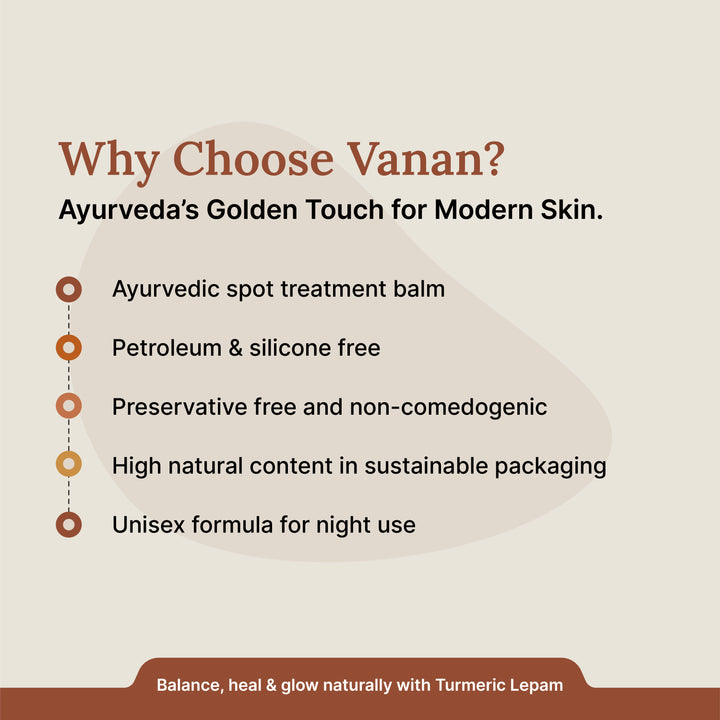 Promotional text about Vanan Ayurvedic spot treatment balm on a beige background