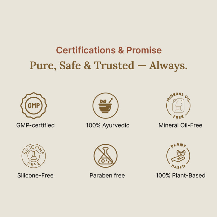 Certifications and promise statement for purity, safety, and trustworthiness on a beige background.