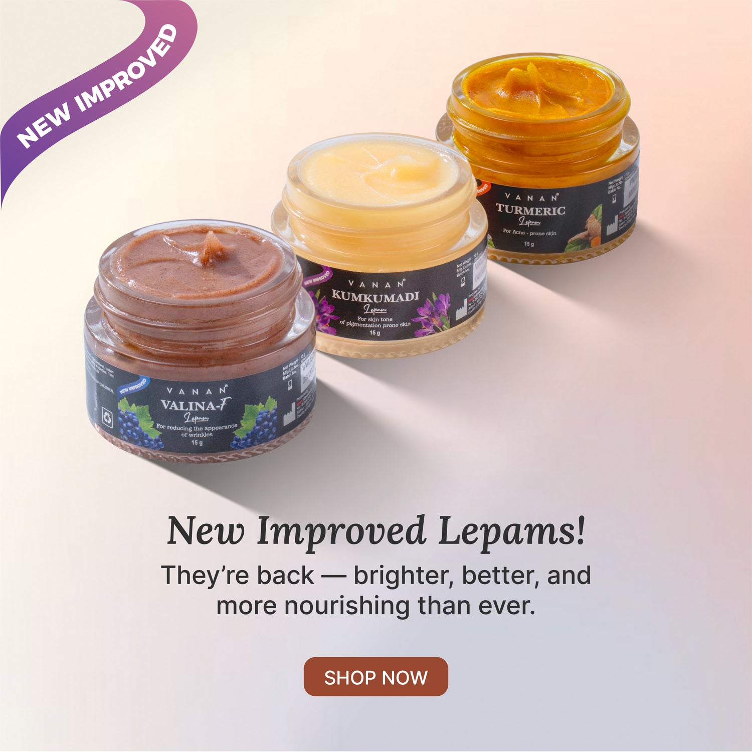 Three jars of 'New Improved Lepams' with a promotional message on a light background