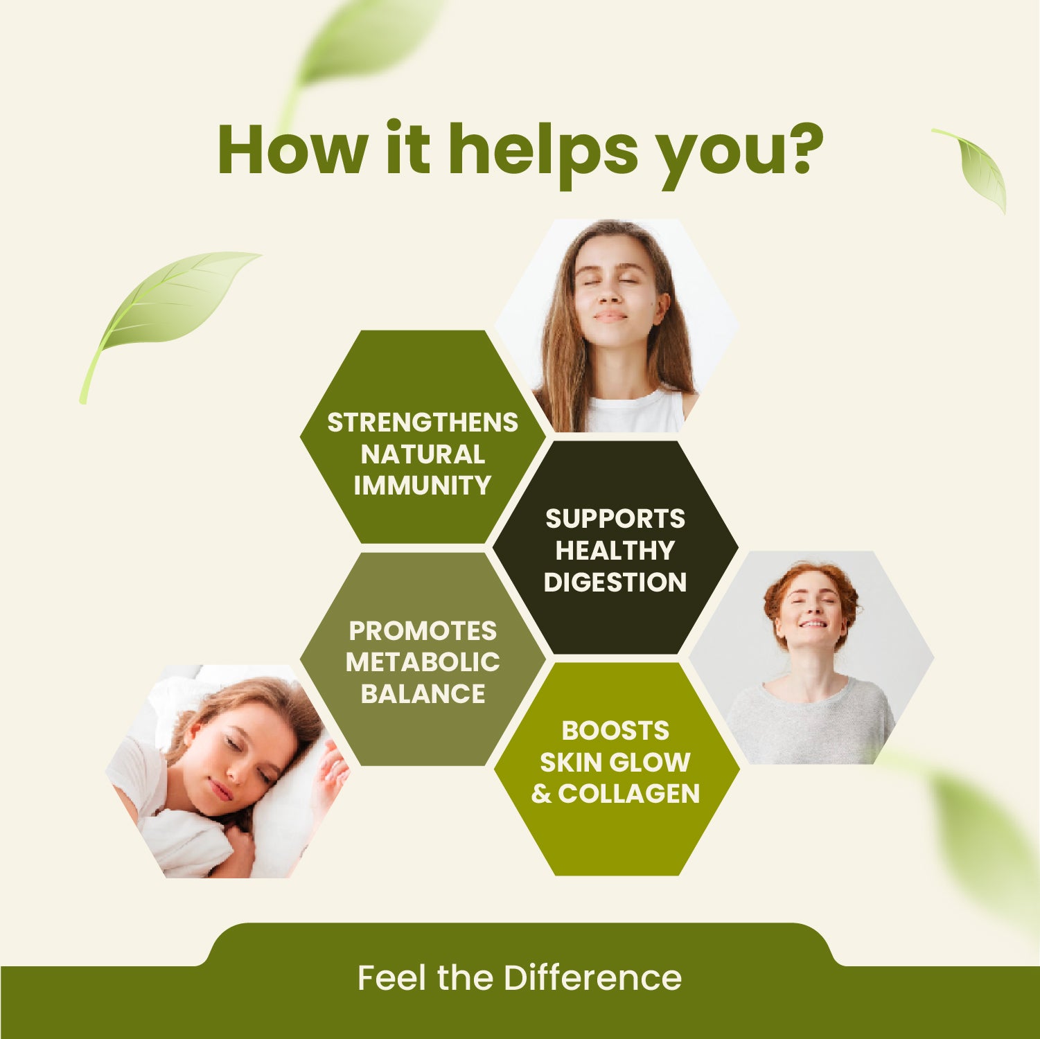 Health benefits of a product or supplement with images of people and text on a light green background.
