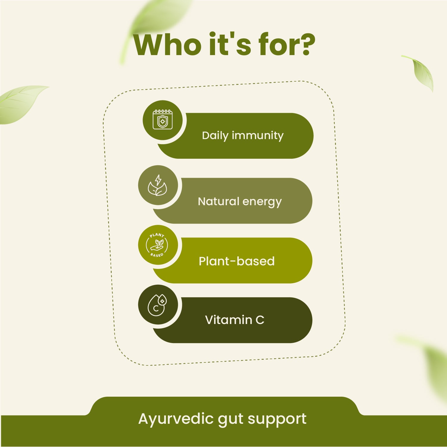 Product feature list with icons and text on a green background