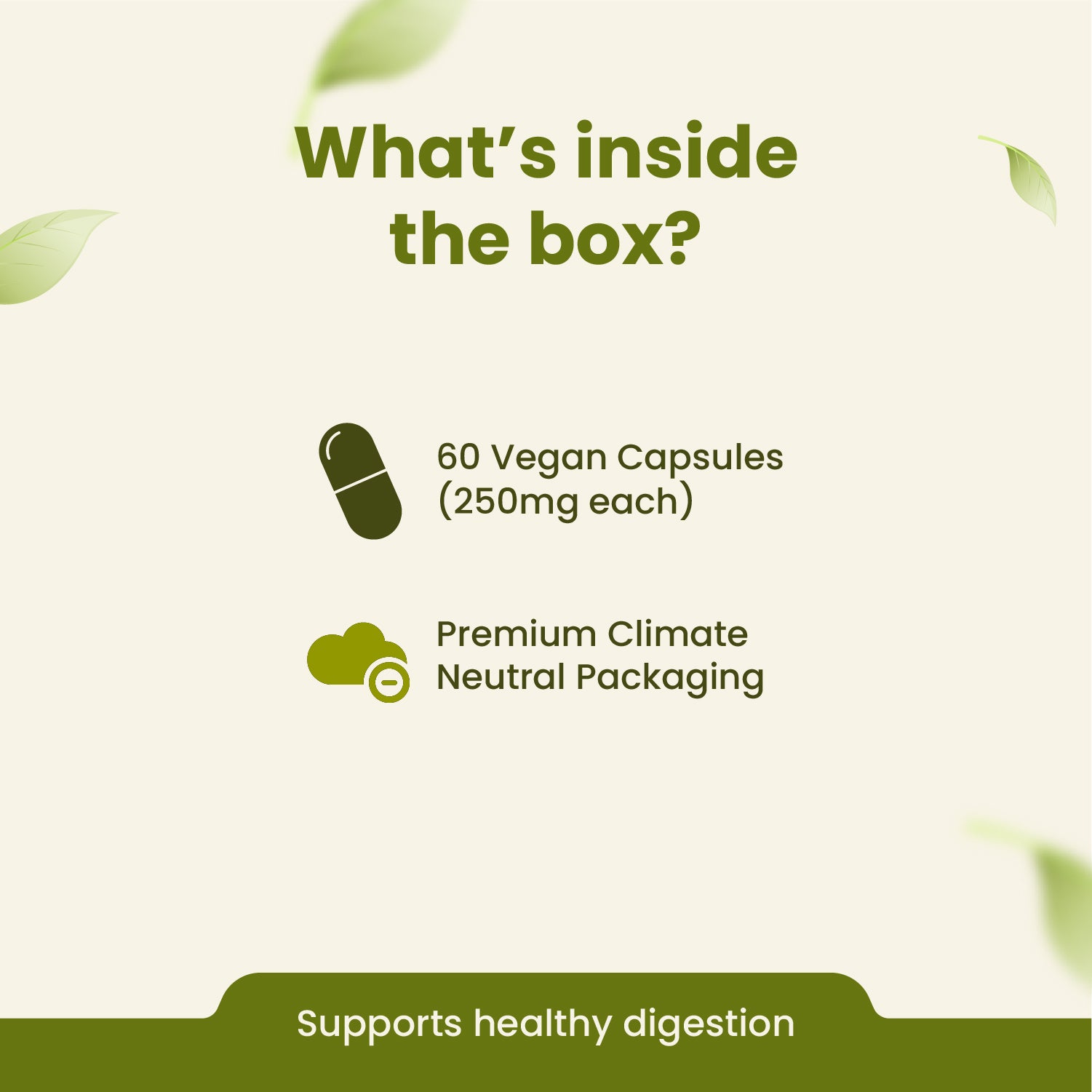 Information about vegan capsules and packaging on a green background