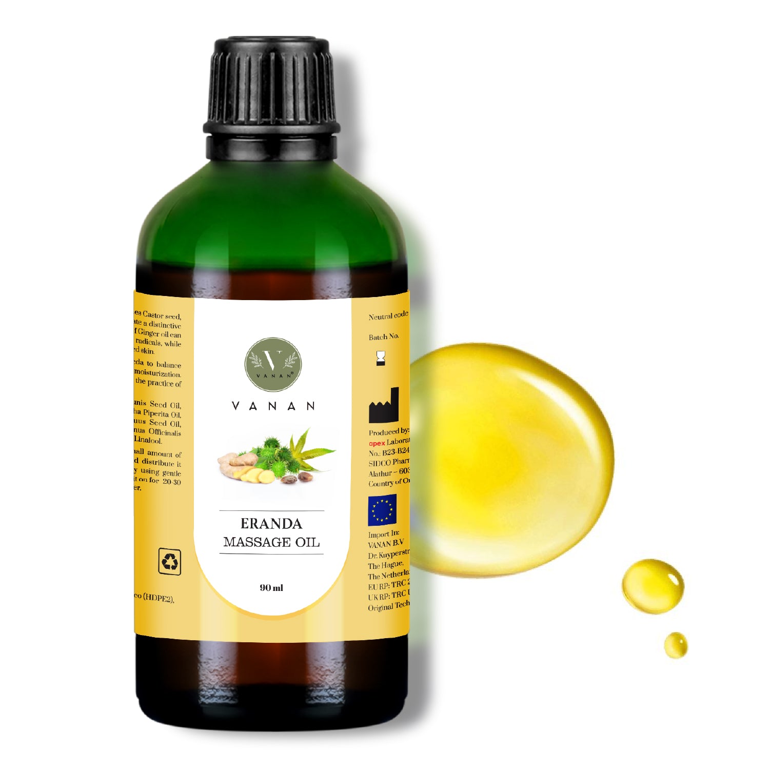 Bottle of Erenda massage oil with yellow label and oil droplets on a white background.