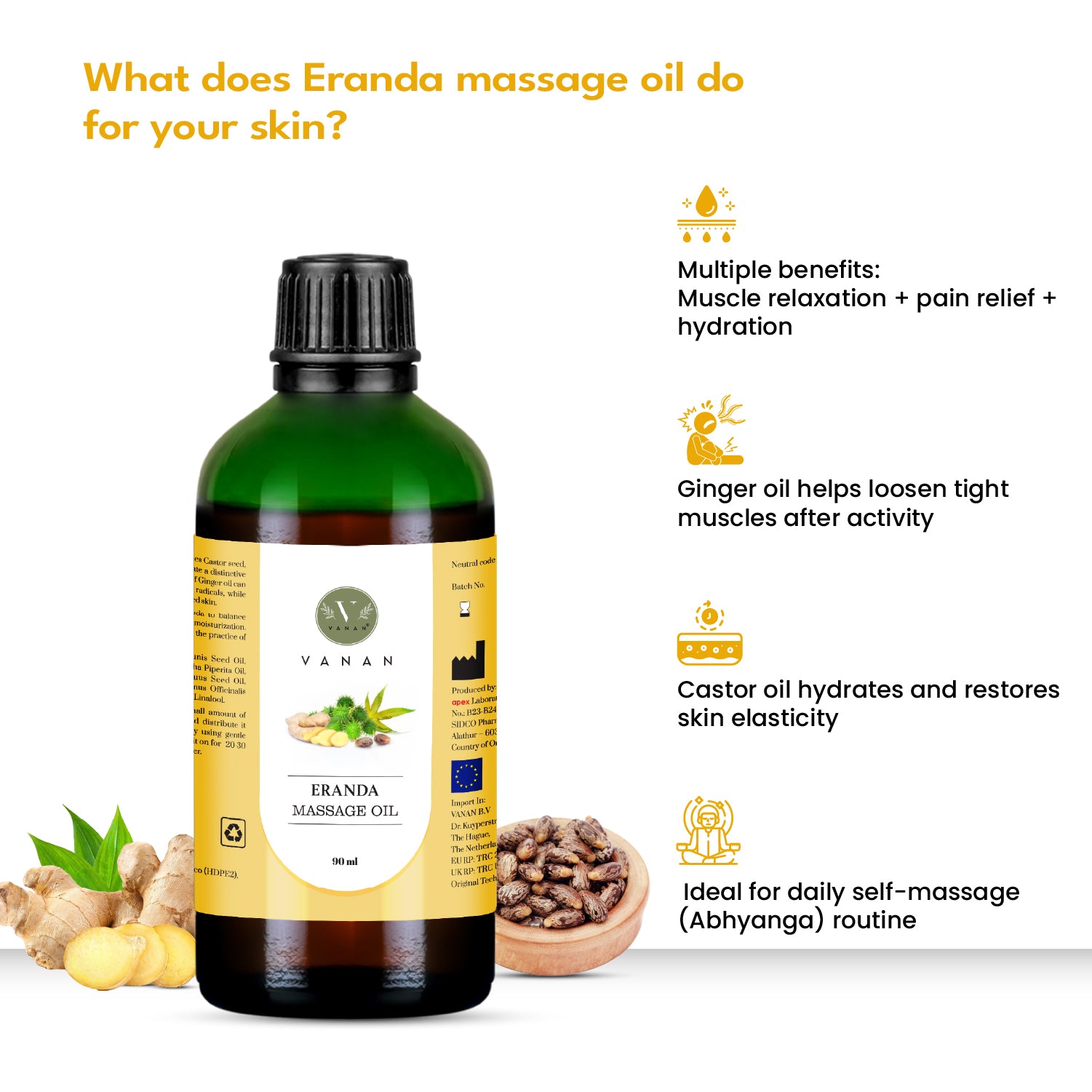 Bottle of Erenda massage oil with text and graphics on benefits and uses.