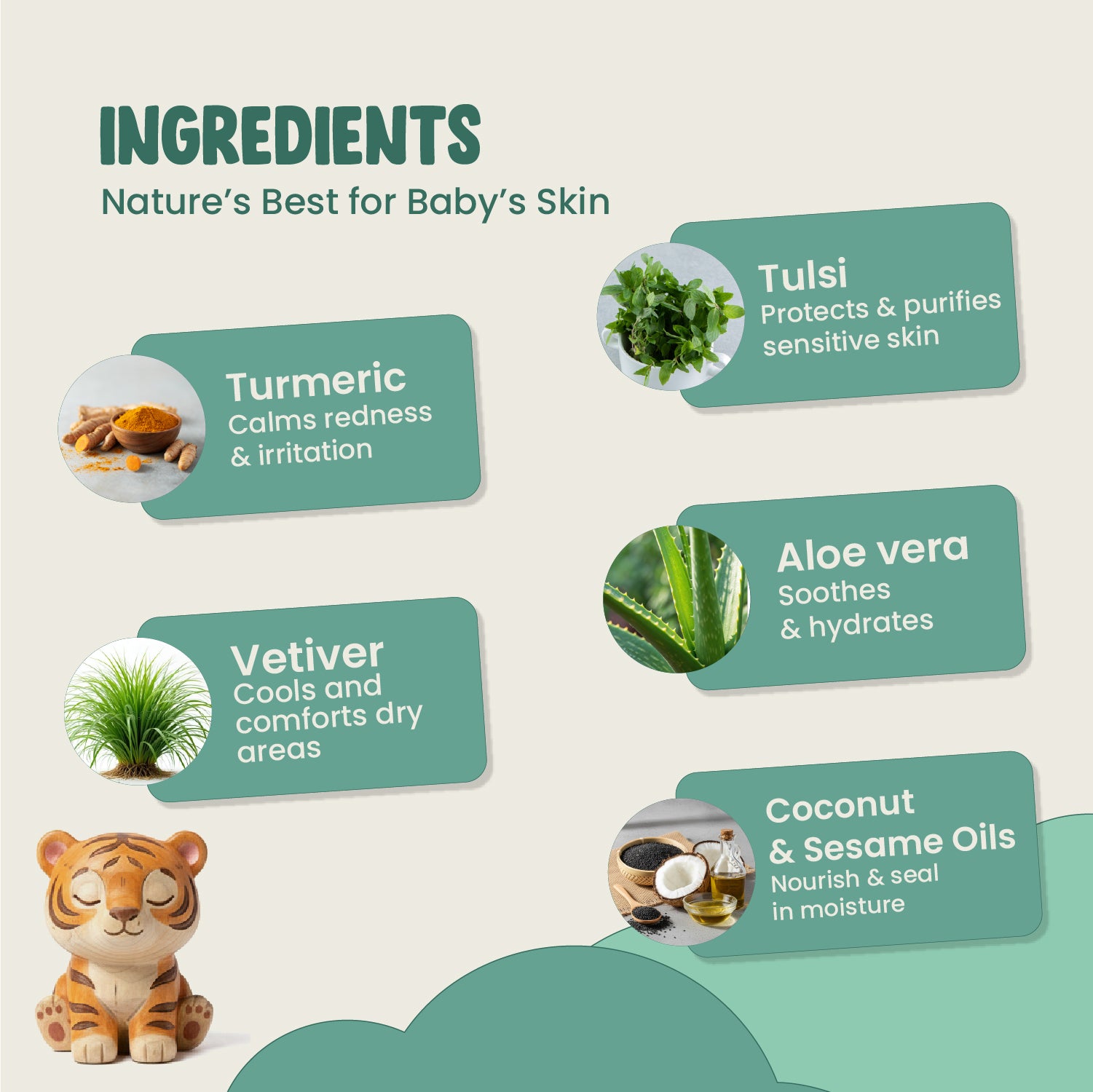 Ingredients for baby's skin care with corresponding benefits on a light background
