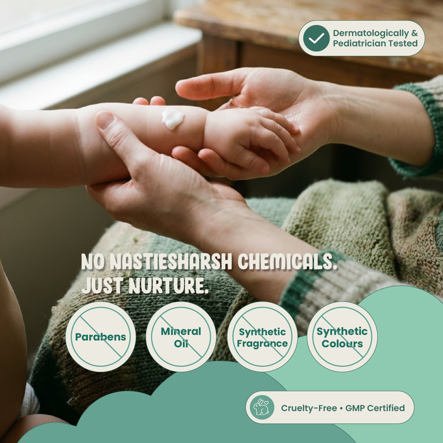 Person applying cream to a child's hand with product safety information displayed.