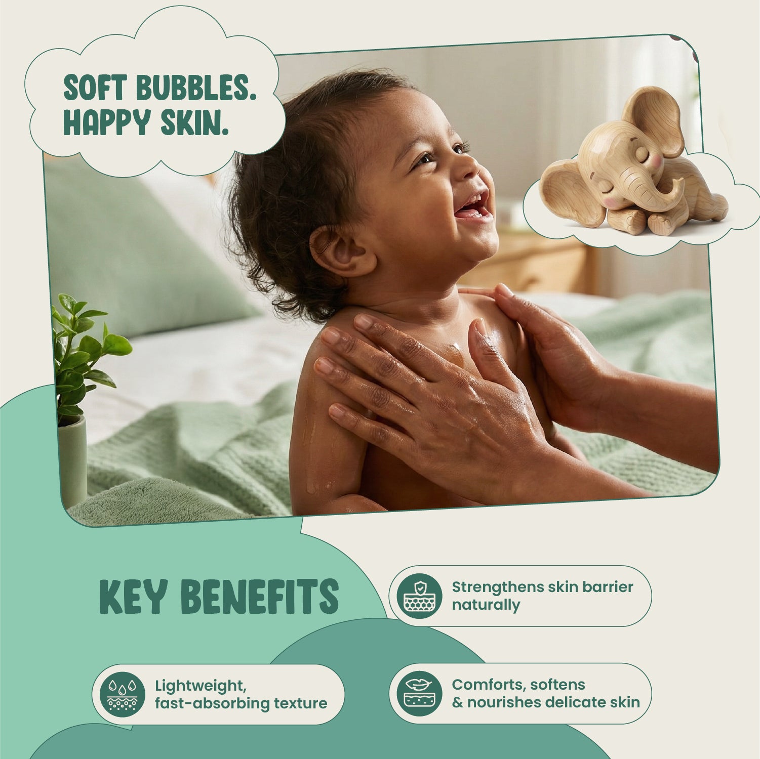 Baby being bathed with a toy elephant, surrounded by text about skin care benefits.