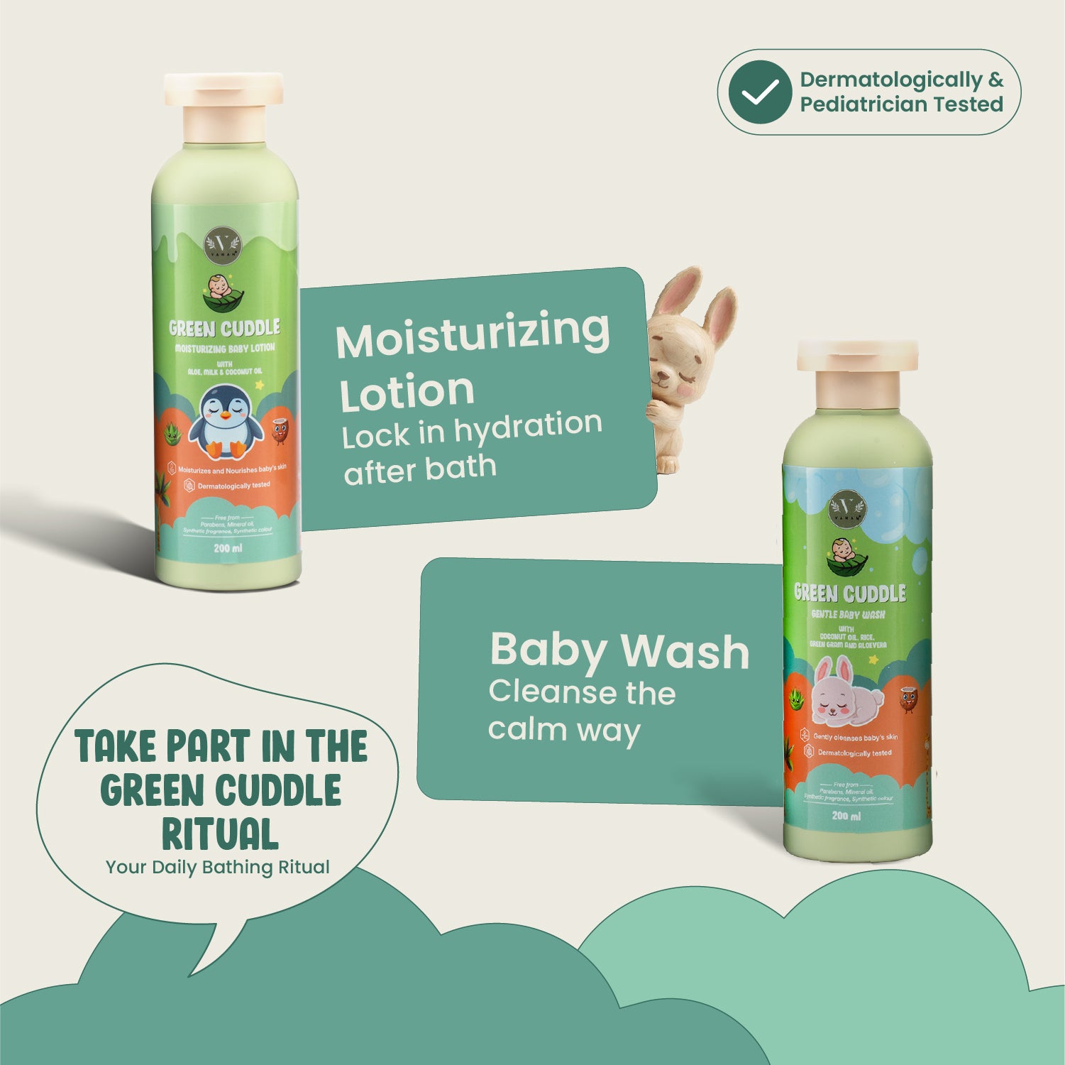 Green Cuddle baby care products including lotion and wash with text on a light background