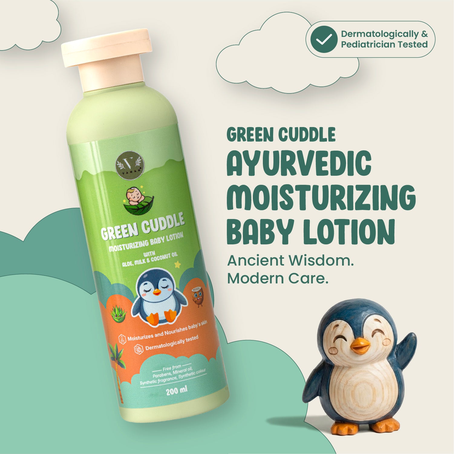 Green Cuddle Ayurvedic Moisturizing Baby Lotion bottle with a penguin design on a light background