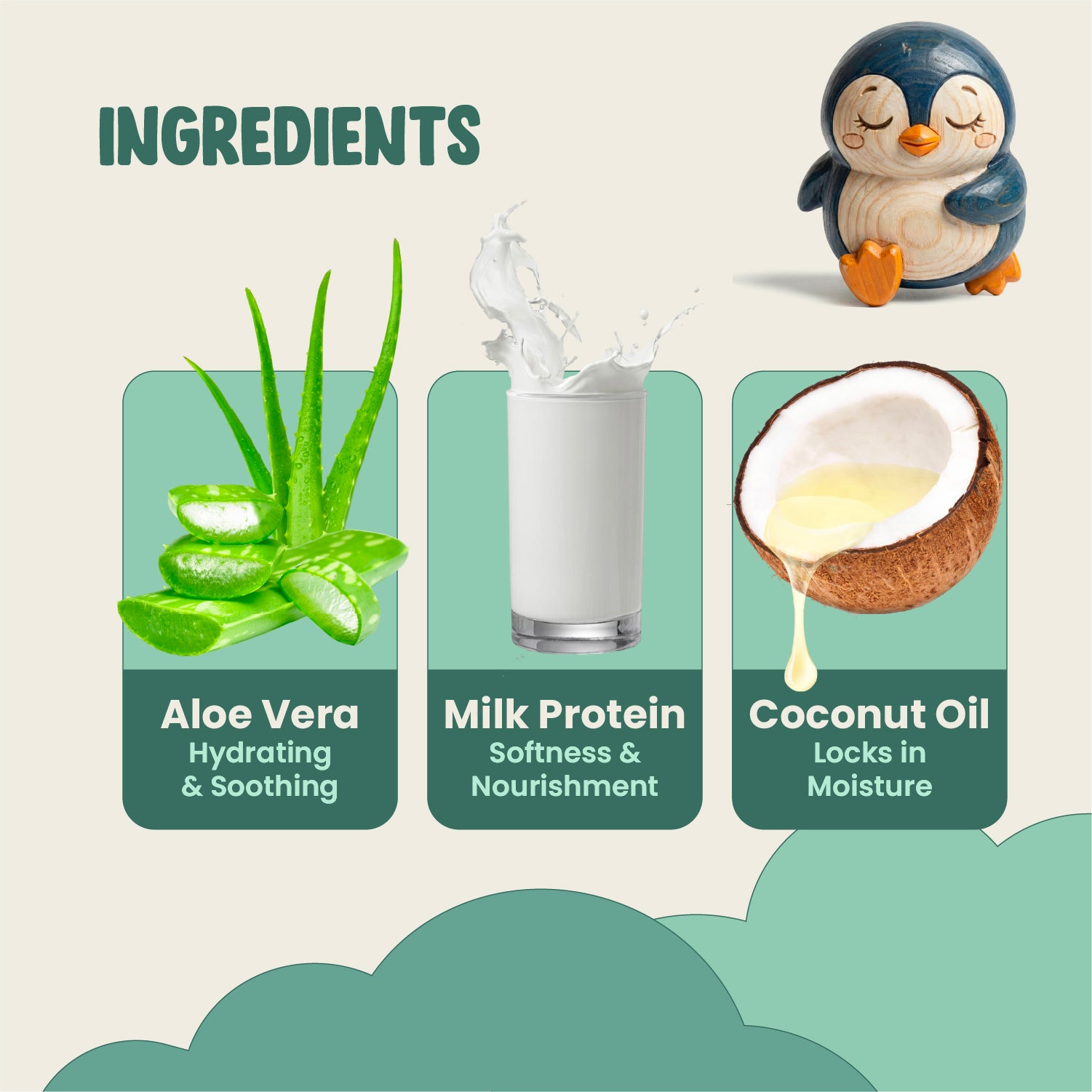 Product ingredients with aloe vera, milk protein, and coconut oil, featuring a penguin figurine.