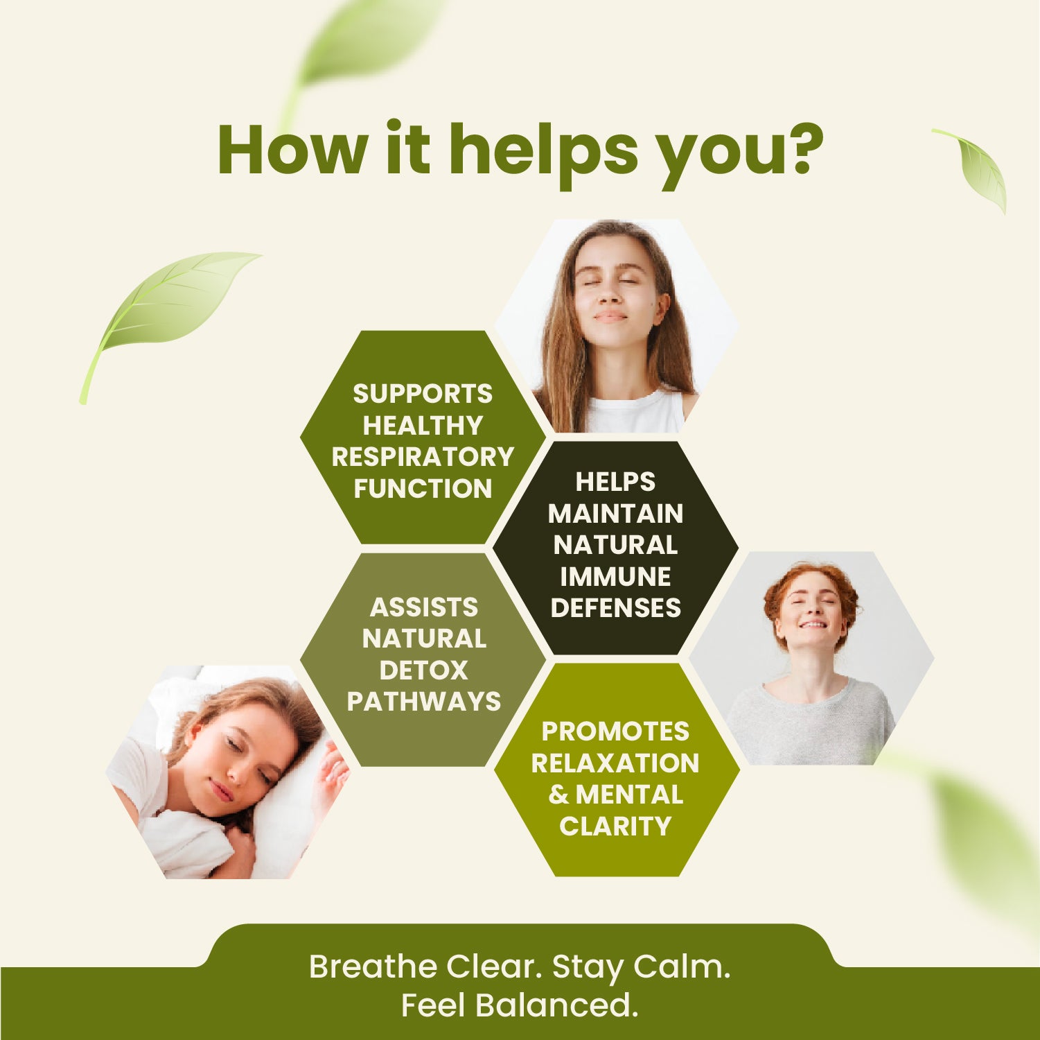 Health benefits of breathing clear with images of people and text on a light green background.