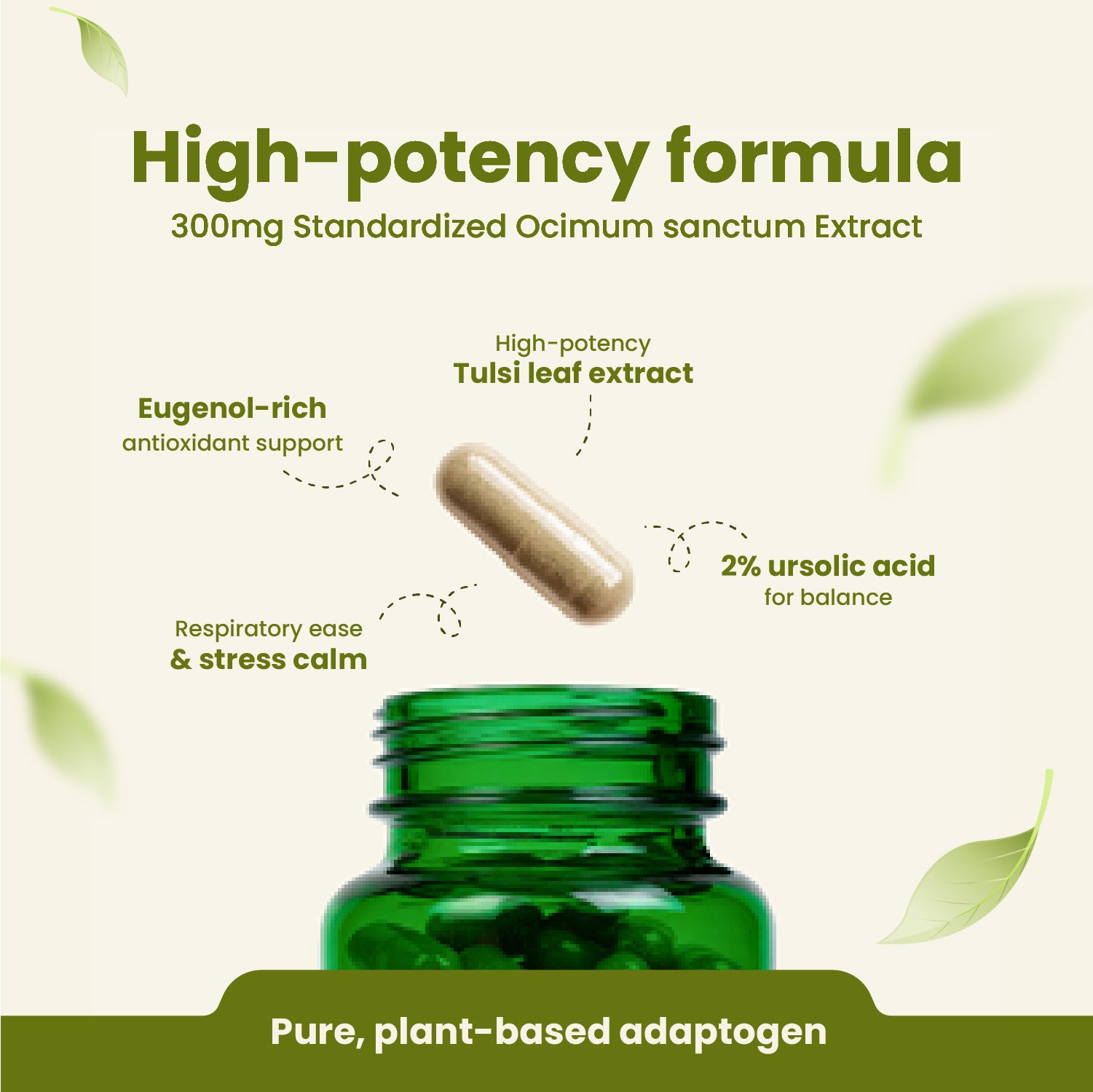 Green bottle of capsules with text about high-potency formula and plant-based adaptogen.