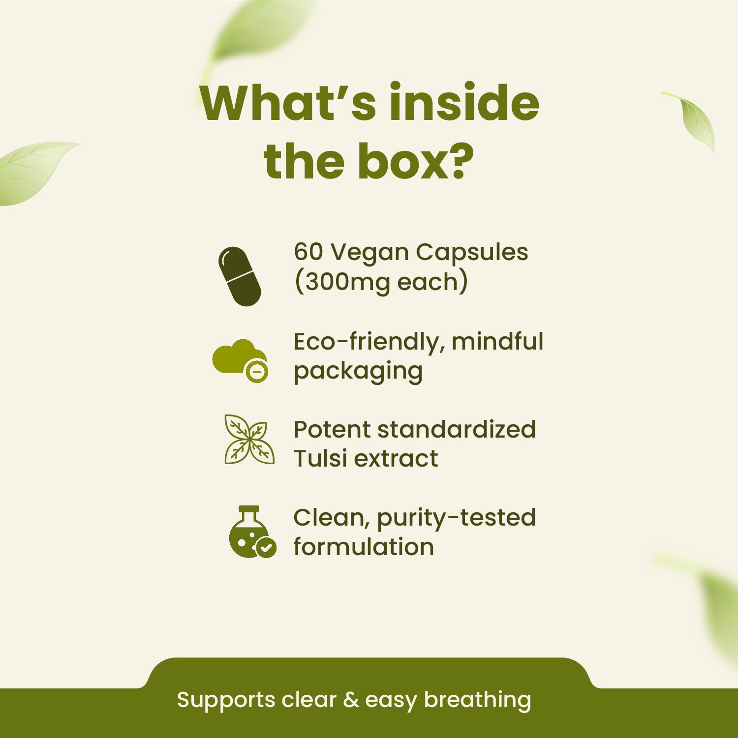 Product packaging with text detailing contents and features on a green background