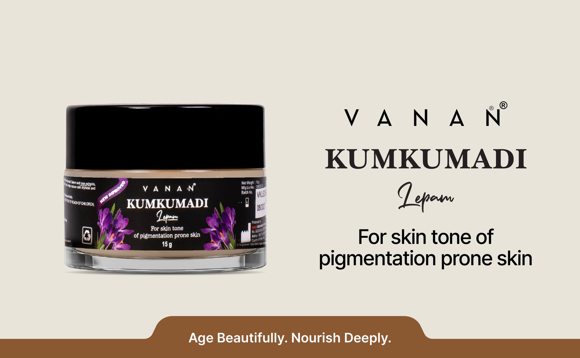 Vanan Kumkumadi Lepam jar with branding and product description on a light background