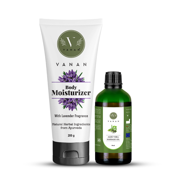 Vanan body moisturizer and aloe vera massage oil on a white background