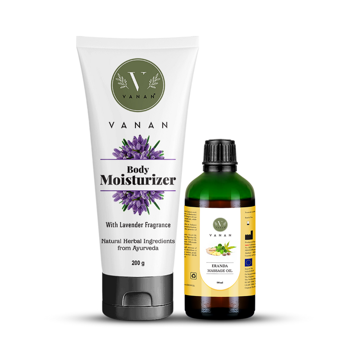 Vanan body moisturizer and massage oil on a white background
