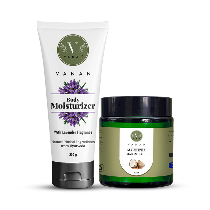 Vanan body moisturizer and Manjistha massage oil on a white background