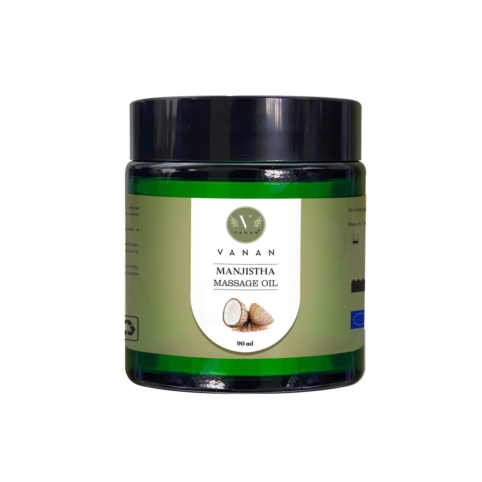 A jar of Vanan Herbal Manjistha Massage Oil with a green label, black lid, and white text.