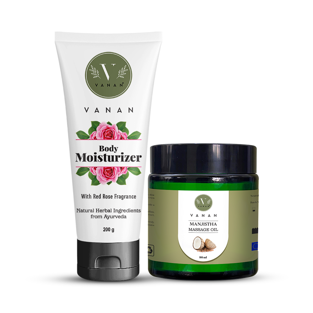 Vanan body moisturizer and Manjistha massage oil on a white background