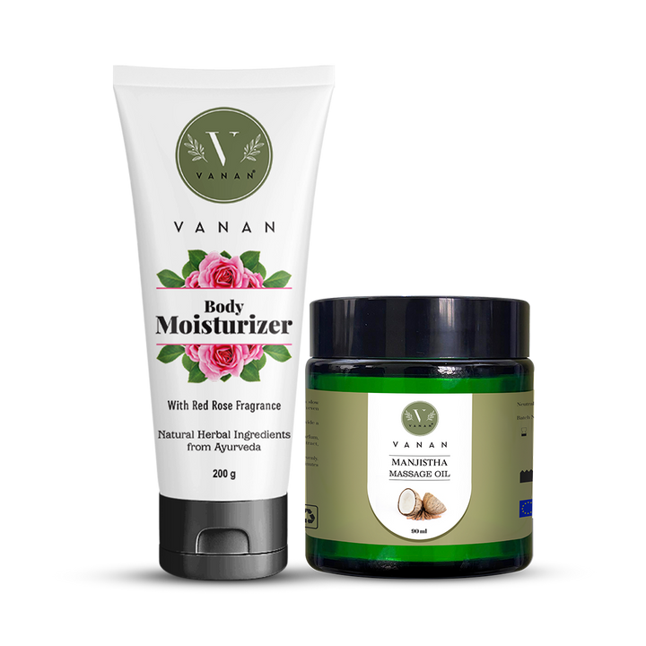 Vanan body moisturizer and Manjistha massage oil on a white background