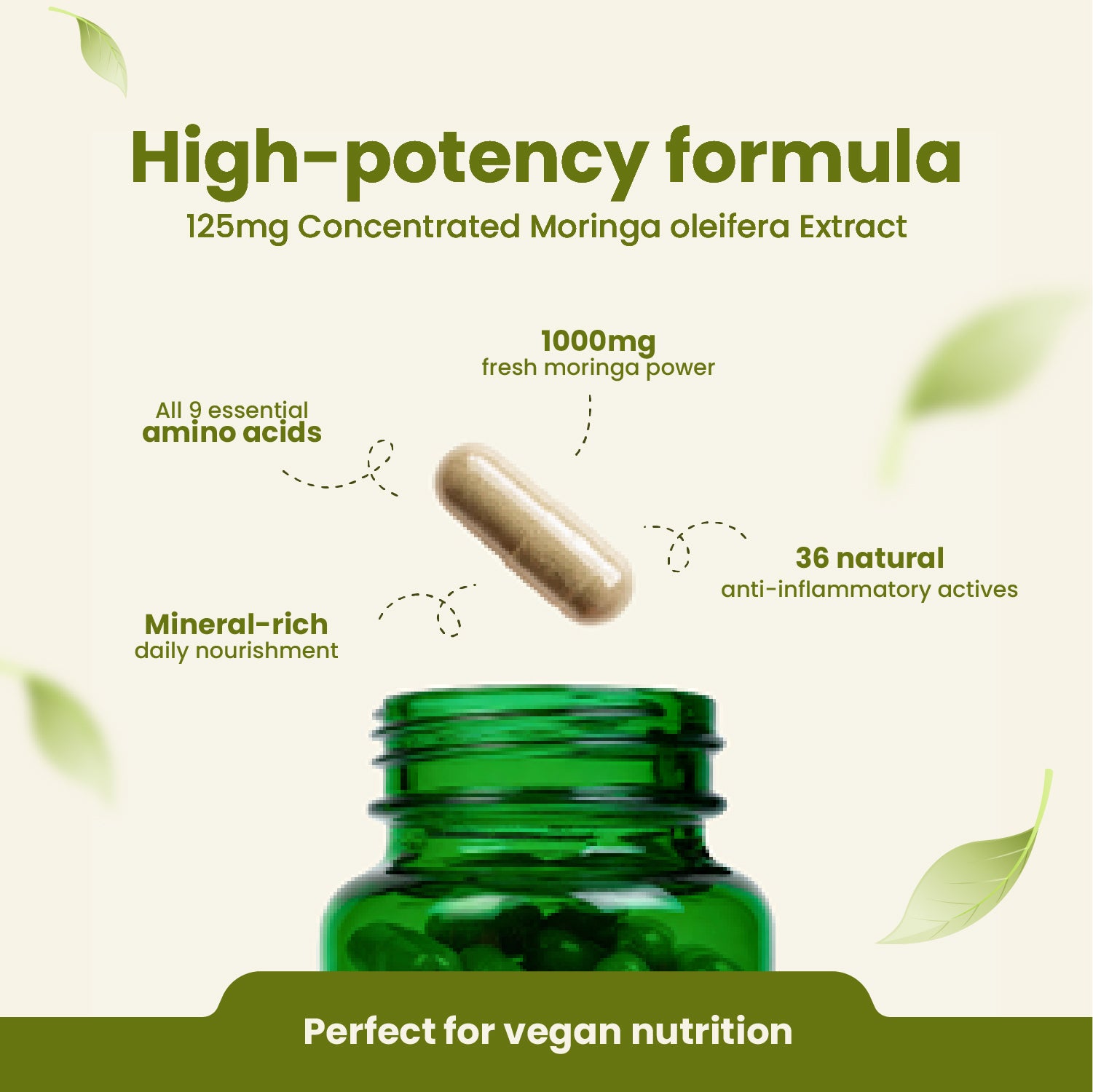 Green bottle of capsules with text about high-potency formula and benefits on a light green background.