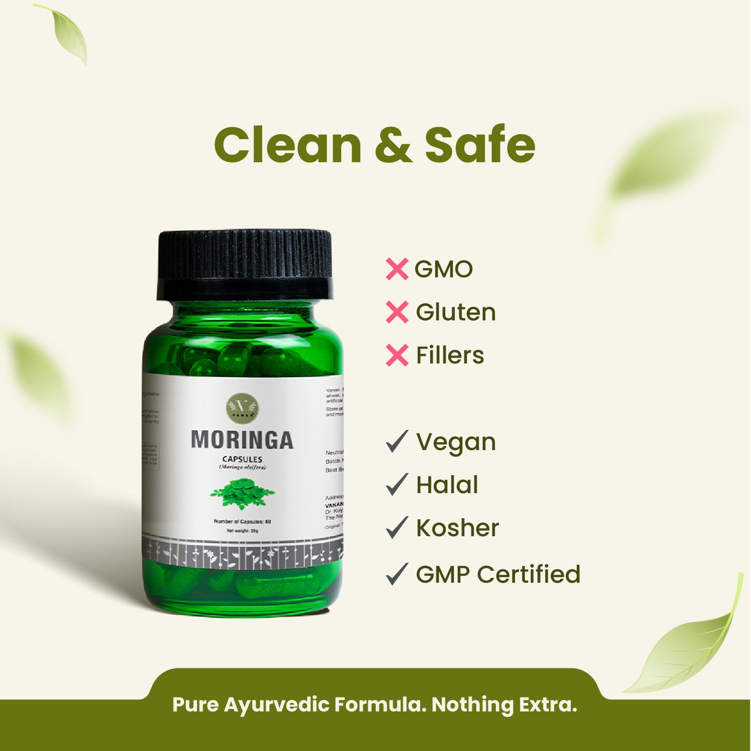 Green bottle of Moringa capsules with certification labels on a light green background