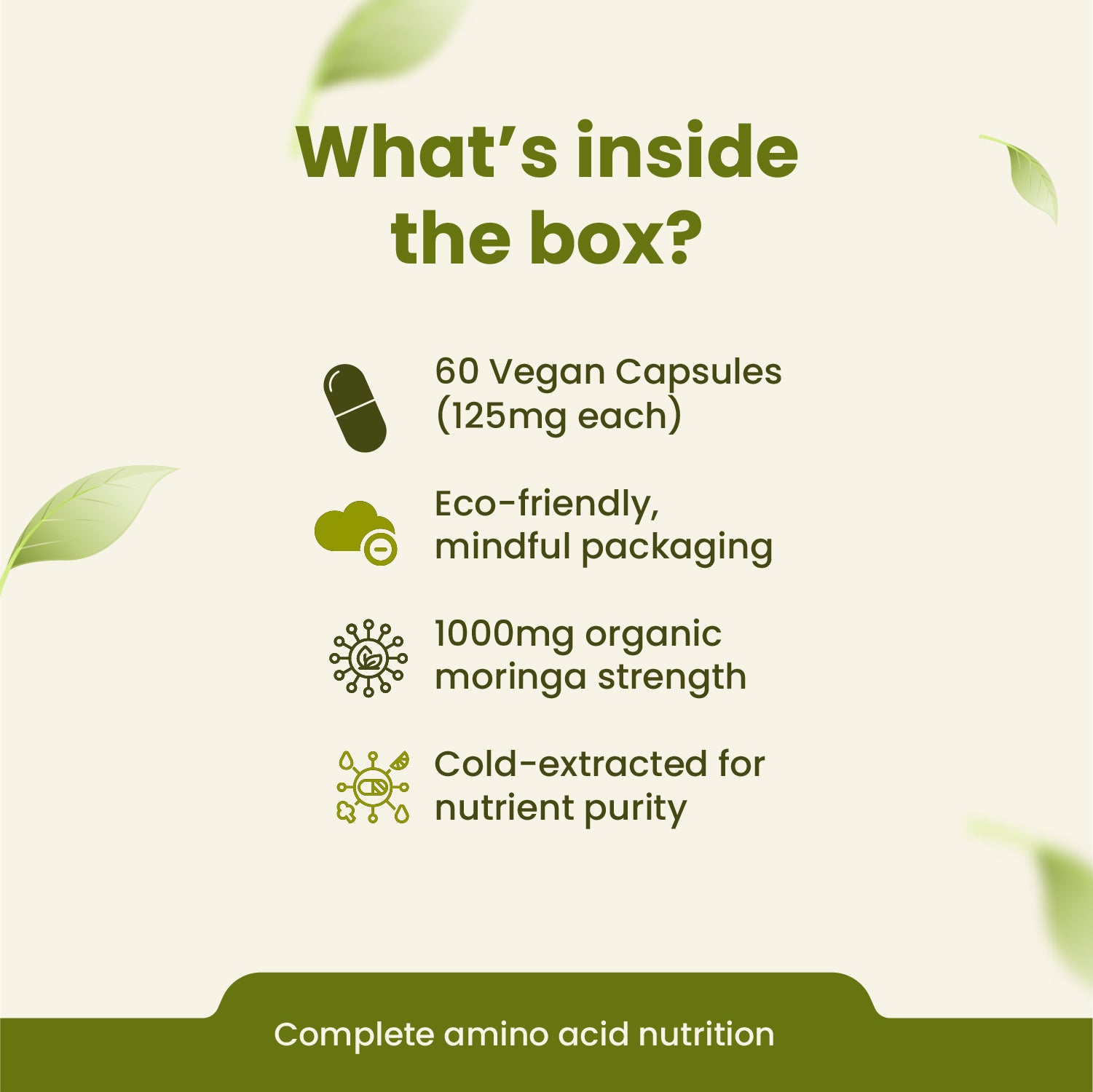 Product packaging with text detailing contents and features on a green background