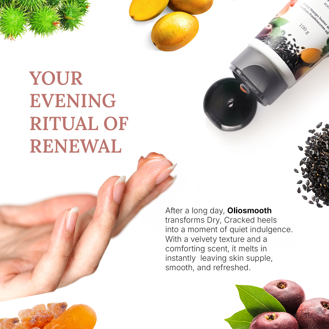 Product advertisement for 'Oliosmooth' with a hand, fruits, and text on a white background