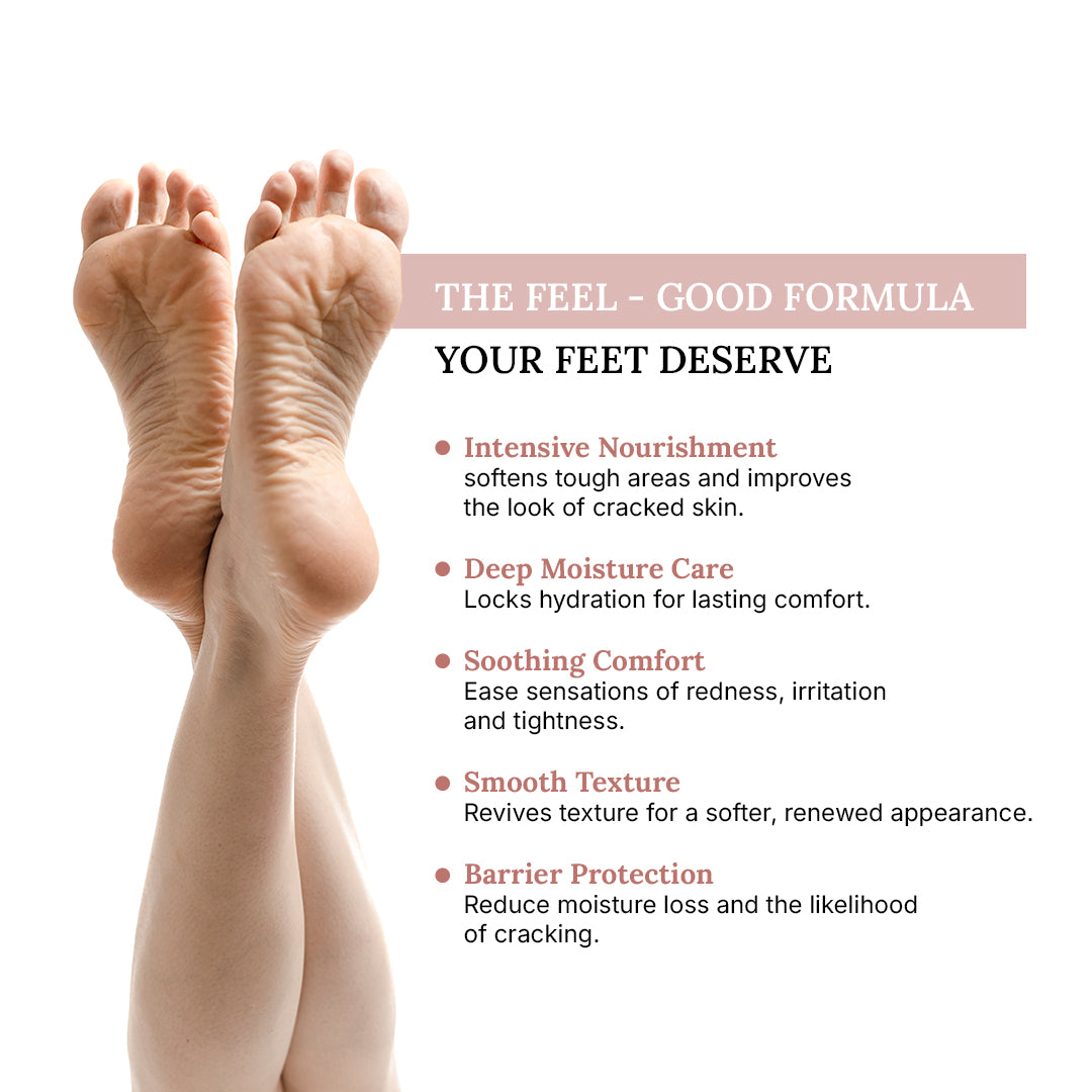 Feet with text describing a foot care product formula on a white background