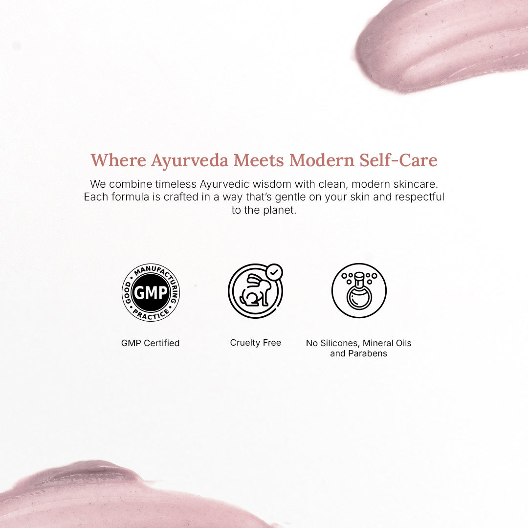 Product packaging with Ayurvedic skincare branding, certification logos, and product swatch.