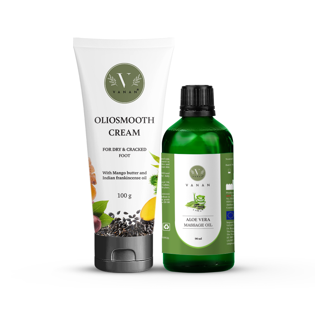Oliosmooth cream and Aloe Vera massage oil from Vanan on a white background
