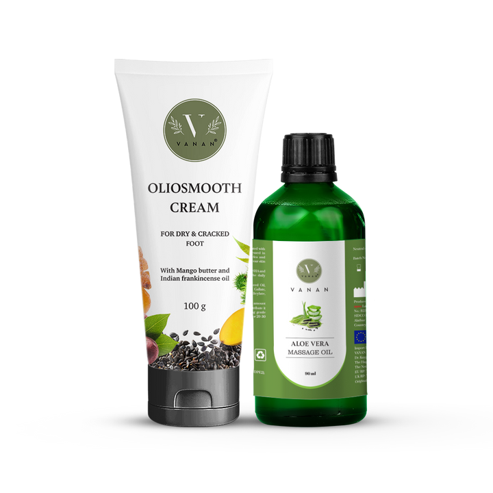 Oliosmooth cream and Aloe Vera massage oil from Vanan on a white background