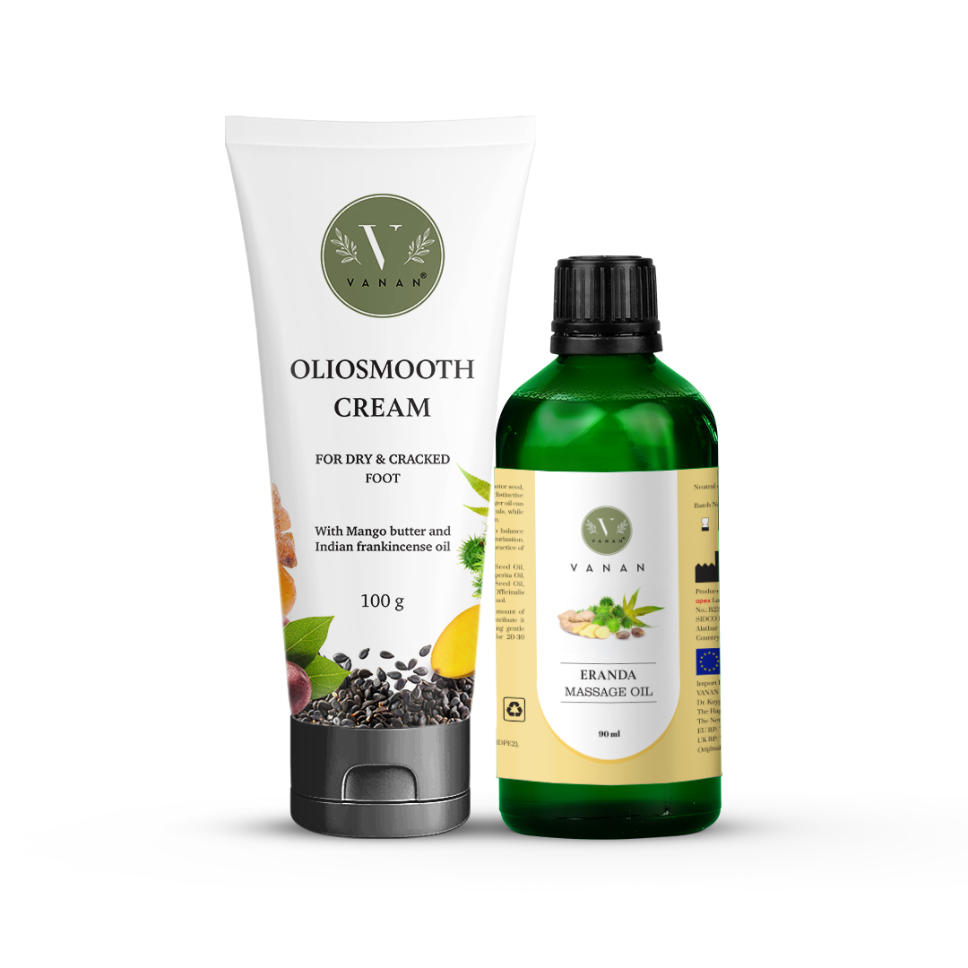 Oliosmooth cream tube and eranda vanan branded bottle on a white background