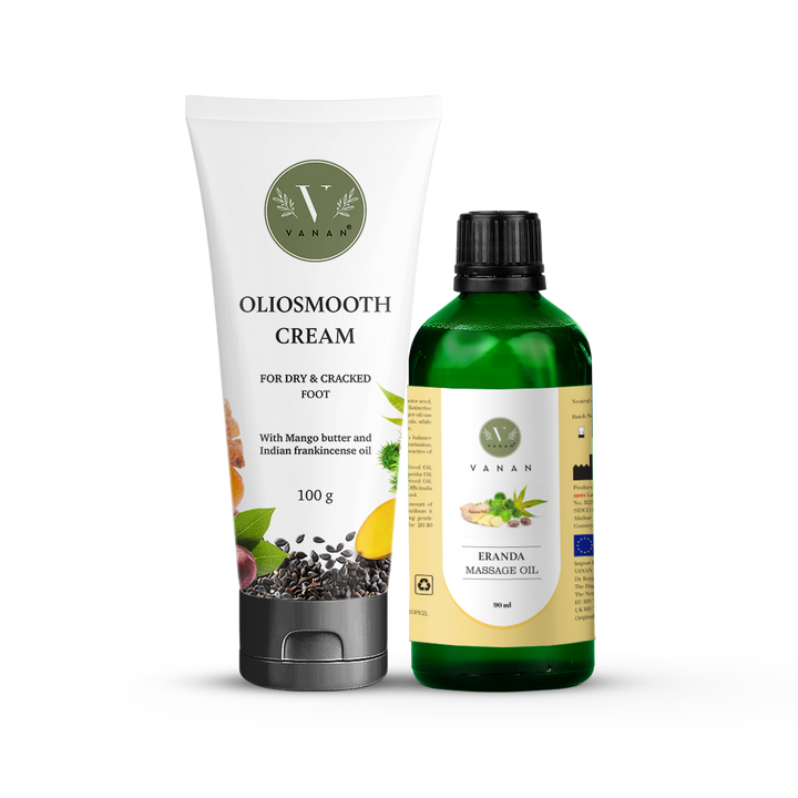 Oliosmooth cream tube and eranda vanan branded bottle on a white background