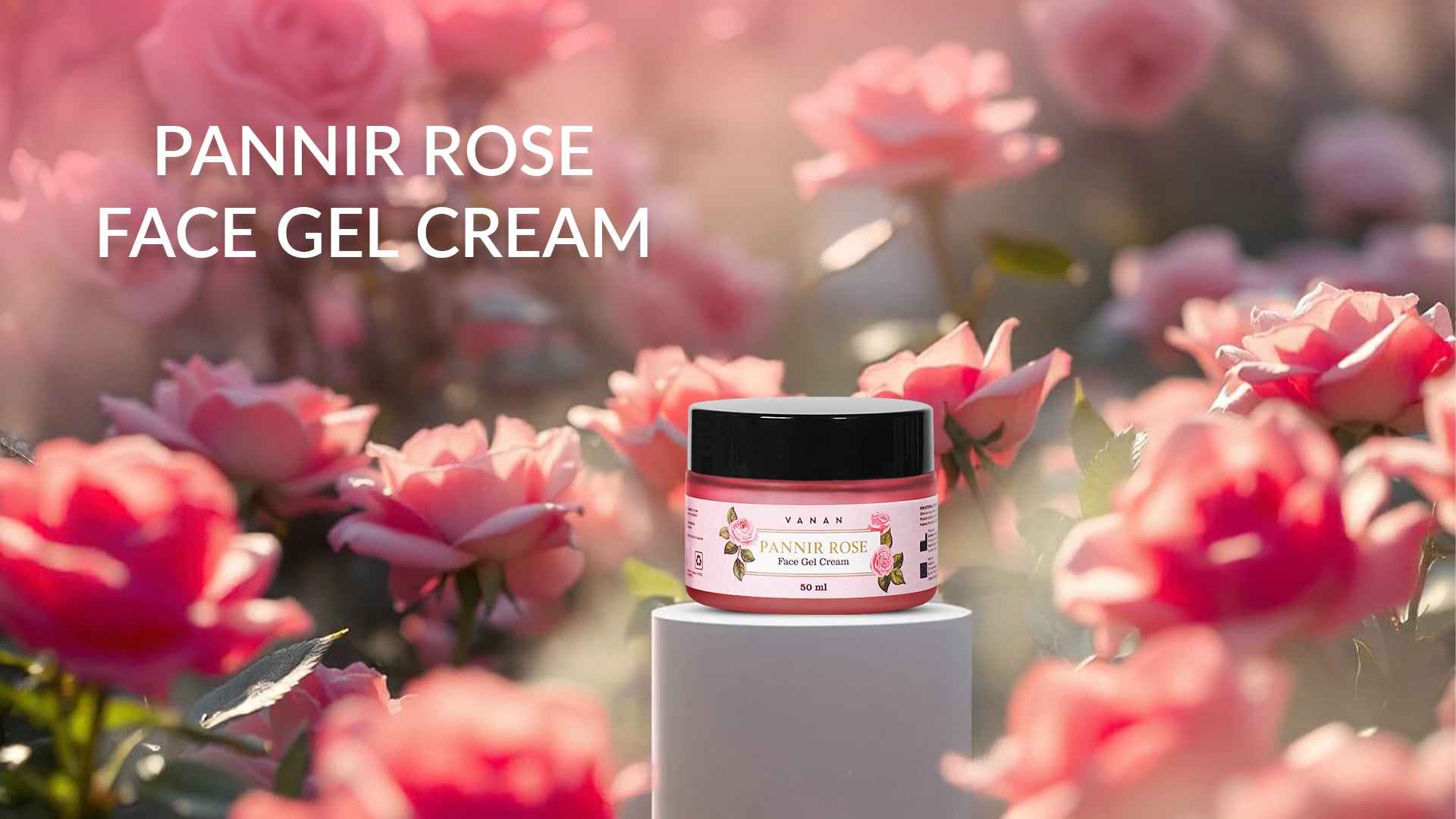 Pannir Rose Face Gel Cream jar with pink flowers in the background