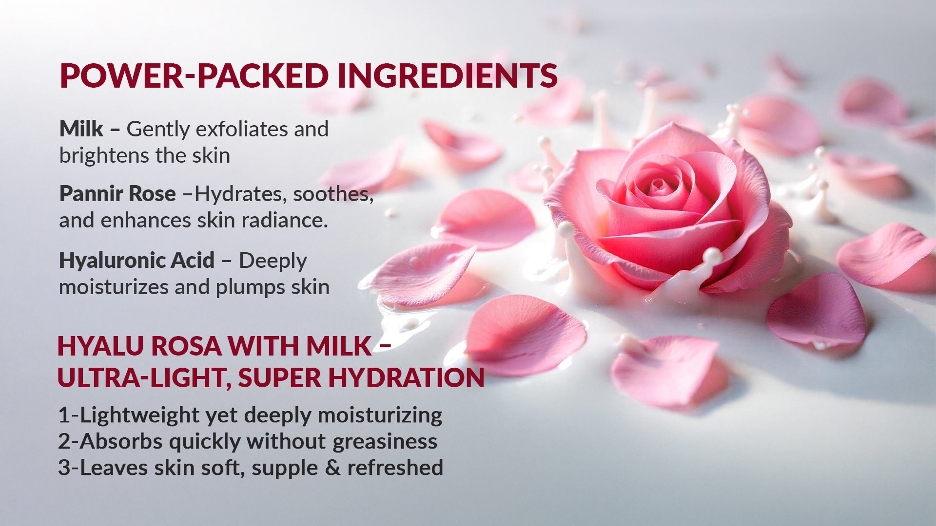 Pink rose with petals and text about skincare ingredients on a light background