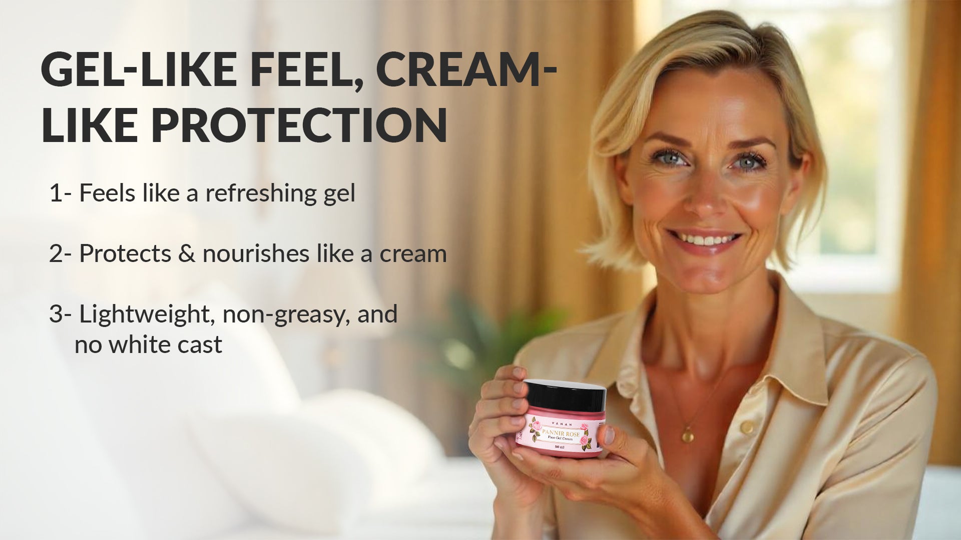 Woman holding a jar of cream with text about its properties on a white background