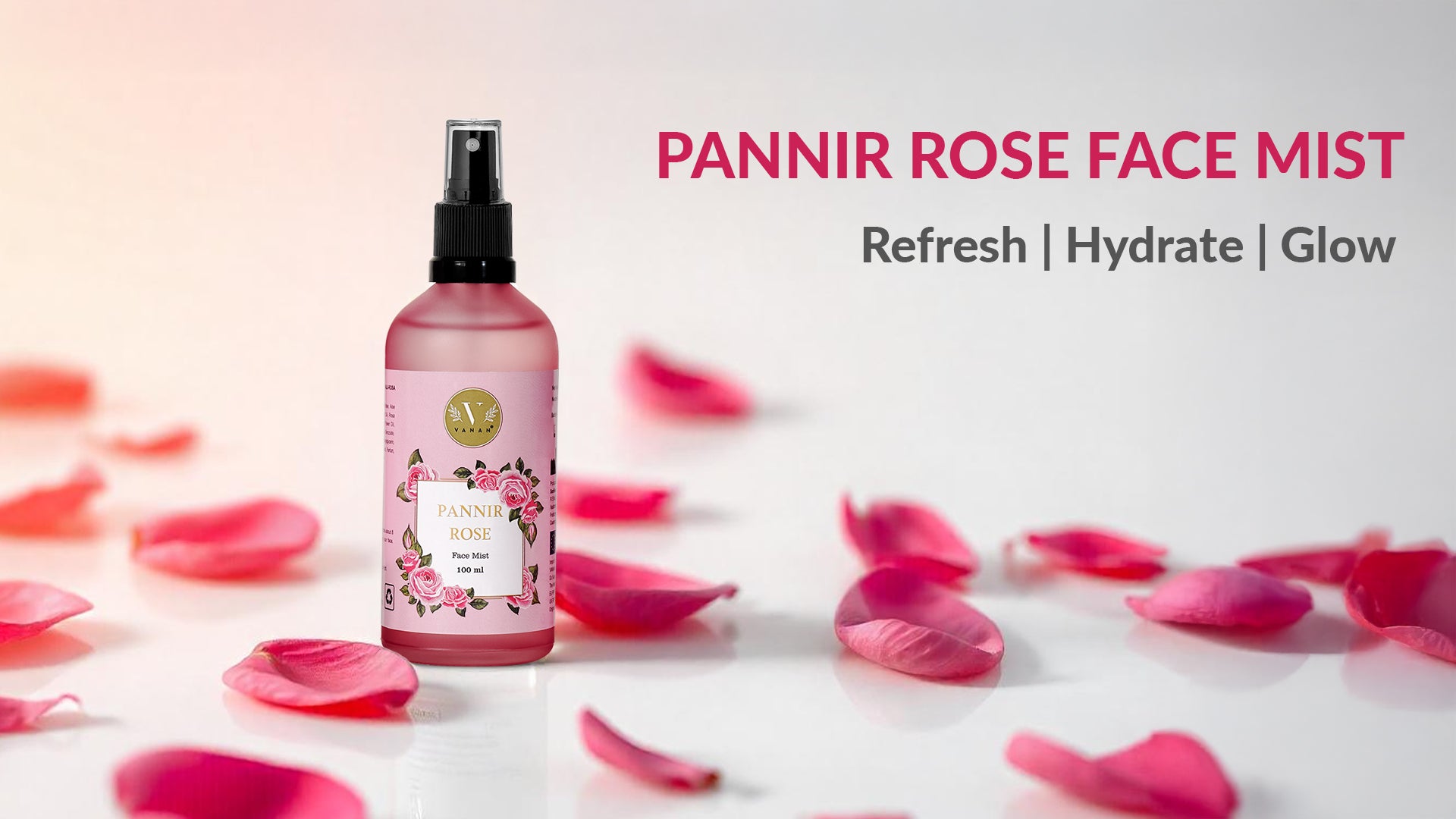 Pannir Rose Face Mist bottle with pink rose petals on a light background