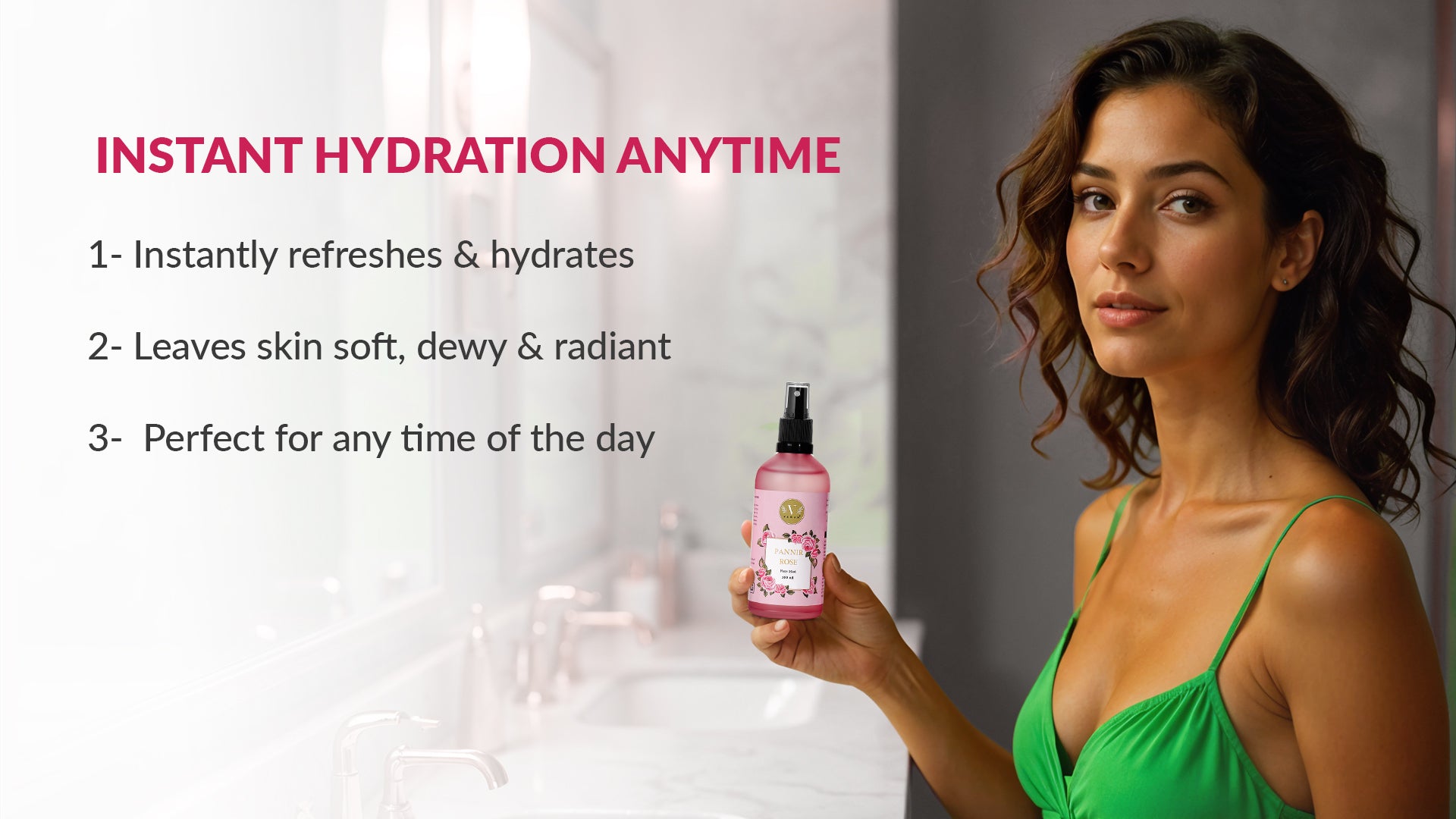 Woman holding a pink bottle with text about instant hydration, set against a blurred indoor background.